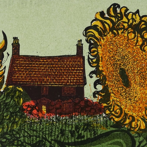 1218 - Robert Tavener (1920 - 2004), lino-cut, sunflowers and cottage, signed in pencil, no. 64/70, sheet s... 