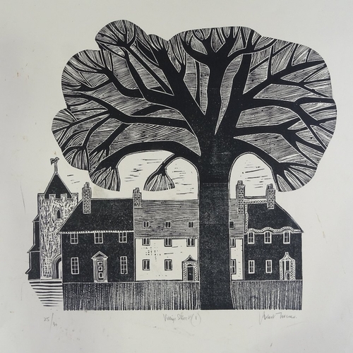 1221 - Robert Tavener (1920 - 2004), lino-cut, churchyard and Downs Glynde Sussex, artist's proof, signed i... 