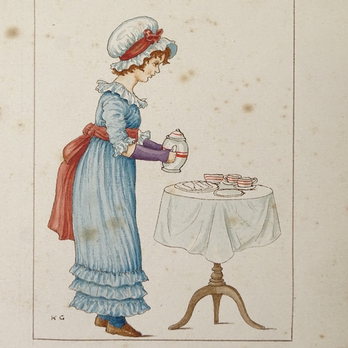 1233 - Manner of Kate Greenaway, 4 watercolour illustrations, 1 signed with initials