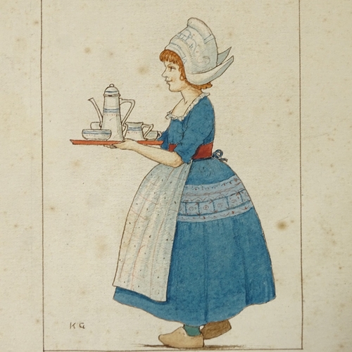 1233 - Manner of Kate Greenaway, 4 watercolour illustrations, 1 signed with initials