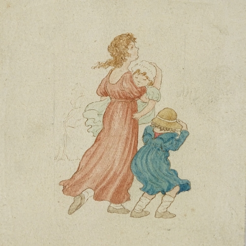 1233 - Manner of Kate Greenaway, 4 watercolour illustrations, 1 signed with initials