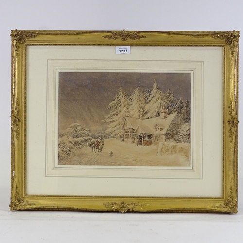 1237 - 19th century watercolour, cottage in a blizzard, unsigned, 9.5