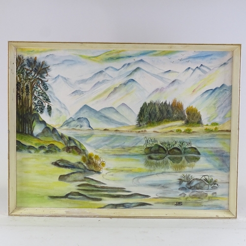 1244 - Dorothy Blades, watercolour, still waters, signed with monogram, Exhibition labels verso, 22