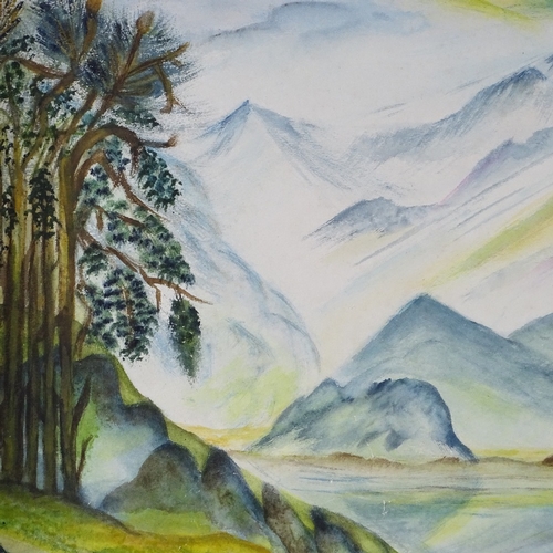 1244 - Dorothy Blades, watercolour, still waters, signed with monogram, Exhibition labels verso, 22