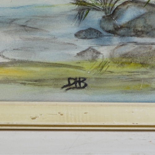 1244 - Dorothy Blades, watercolour, still waters, signed with monogram, Exhibition labels verso, 22