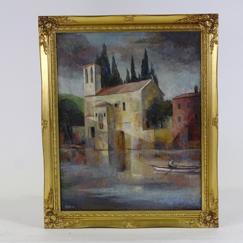 1245 - Christine Nisbet, oil on canvas, Italian riverside church, signed, 20