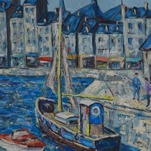 1249 - Mid-20th century oil on board, Continental harbour town, indistinctly signed, 31