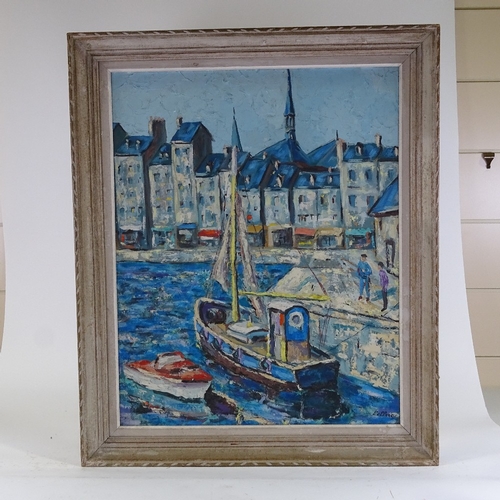 1249 - Mid-20th century oil on board, Continental harbour town, indistinctly signed, 31