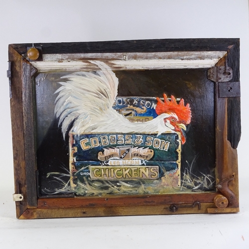 1250 - Clive Fredriksson, mixed media on board, rooster in a box, in elaborate wood and metal frame, overal... 