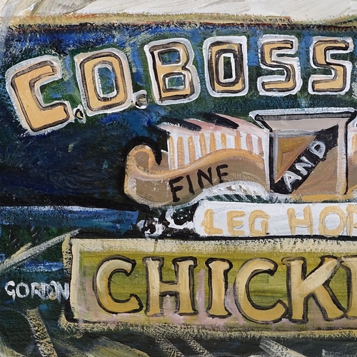 1250 - Clive Fredriksson, mixed media on board, rooster in a box, in elaborate wood and metal frame, overal... 