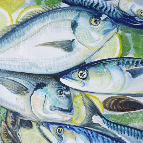 1251 - Clive Fredriksson, oil on board, mackerel and bream, painted frame, overall 21