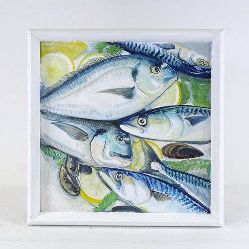 1251 - Clive Fredriksson, oil on board, mackerel and bream, painted frame, overall 21