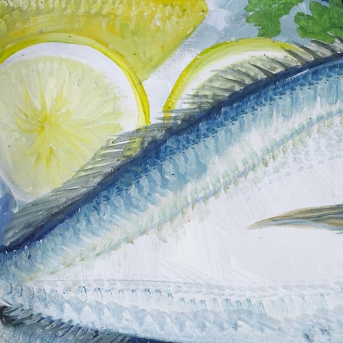 1251 - Clive Fredriksson, oil on board, mackerel and bream, painted frame, overall 21