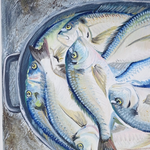 1252 - Clive Fredriksson, oil on canvas, bream in a skillet, painted frame, overall 25