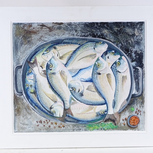 1252 - Clive Fredriksson, oil on canvas, bream in a skillet, painted frame, overall 25