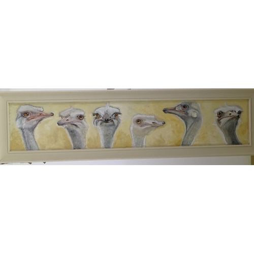 1254 - Clive Fredriksson, oil on board, ostriches, painted frame, overall 17