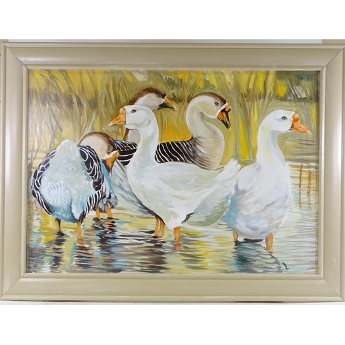 1255 - Clive Fredriksson, oil on canvas, farmyard geese, painted frame, overall 34