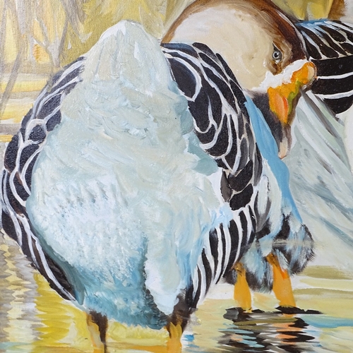 1255 - Clive Fredriksson, oil on canvas, farmyard geese, painted frame, overall 34