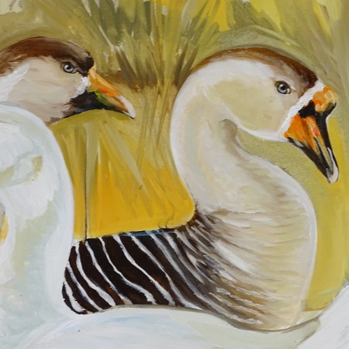 1255 - Clive Fredriksson, oil on canvas, farmyard geese, painted frame, overall 34