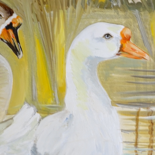 1255 - Clive Fredriksson, oil on canvas, farmyard geese, painted frame, overall 34