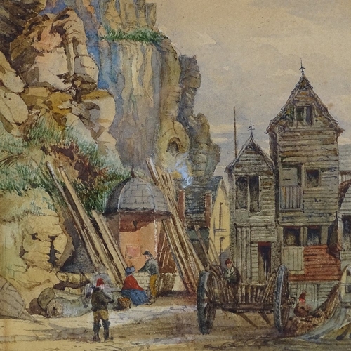 1259 - 19th century watercolour, busy scene near the Hastings net huts, signed with monogram MAB, 10