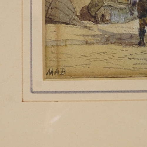 1259 - 19th century watercolour, busy scene near the Hastings net huts, signed with monogram MAB, 10