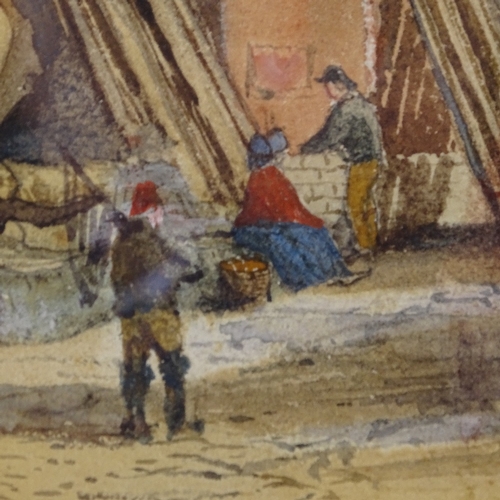 1259 - 19th century watercolour, busy scene near the Hastings net huts, signed with monogram MAB, 10