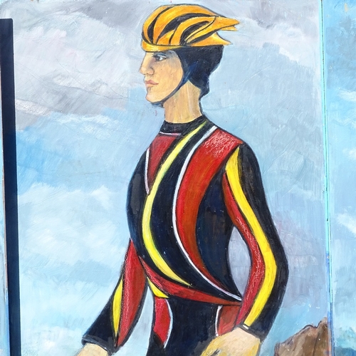 1270 - Lorna Dunn, 3 oils on board, Spanish cyclists, 48