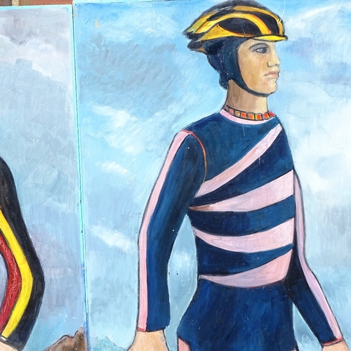 1270 - Lorna Dunn, 3 oils on board, Spanish cyclists, 48