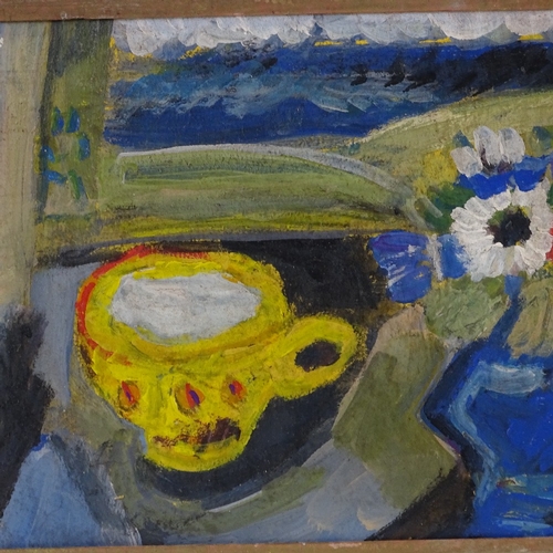 1271 - Oil on board, abstract still life, table by a window, unsigned, 8.5