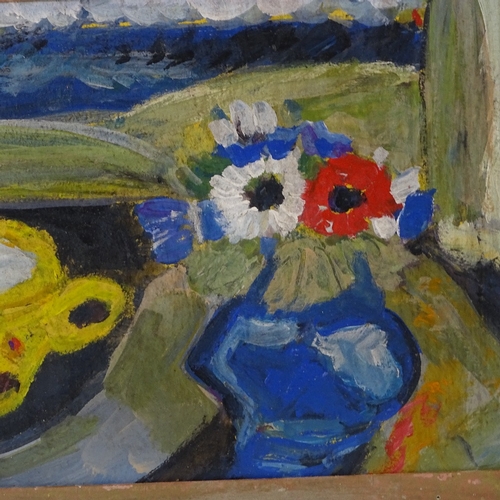 1271 - Oil on board, abstract still life, table by a window, unsigned, 8.5