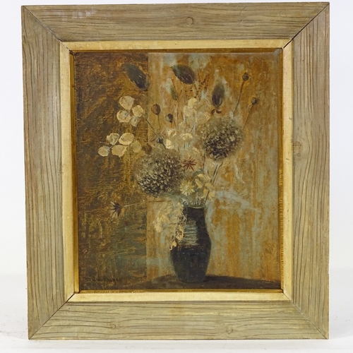 1286 - Mid-20th century oil on board, still life flowers, indistinctly signed, 14