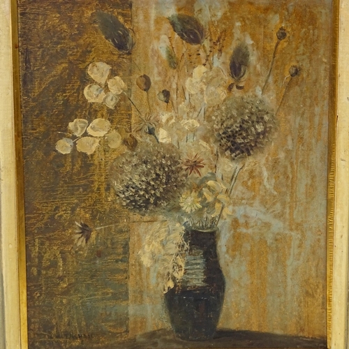 1286 - Mid-20th century oil on board, still life flowers, indistinctly signed, 14