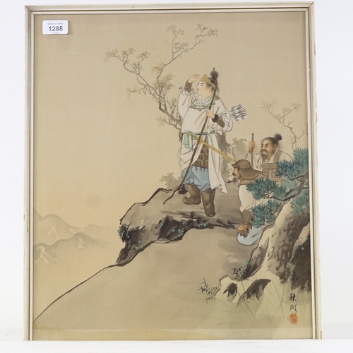 1288 - Chinese watercolour on silk, warrior with attendants, signed, 19