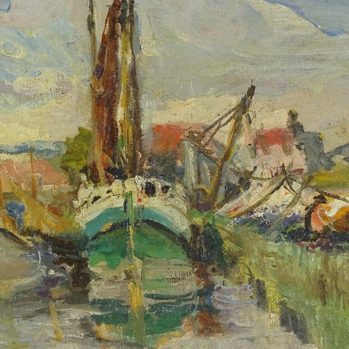 1292 - W Kauffenheim, oil on board, Dutch canal, inscribed verso, 10