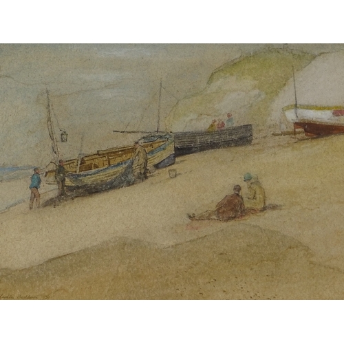 1305 - Edward Leslie Badham, watercolour, a quiet afternoon on Hastings beach, 1931, signed, 8.5