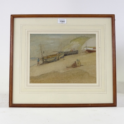 1305 - Edward Leslie Badham, watercolour, a quiet afternoon on Hastings beach, 1931, signed, 8.5