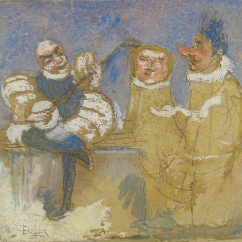 1310 - Attributed to/circle of James Ensor, mixed media on paper, carnival figures, signed, 4.5