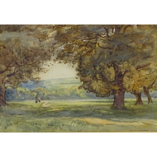 1313 - Horace Mummery (1867 - 1951), watercolour landscape through trees, signed, 7.5