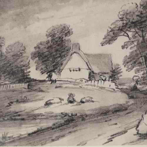 1314 - Monochrome charcoal and wash, cottage among the trees, unsigned, 6