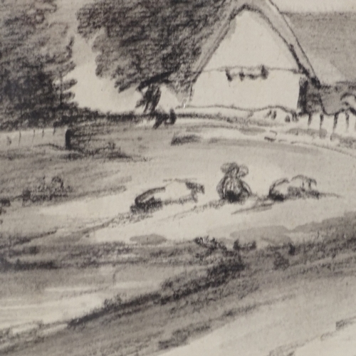 1314 - Monochrome charcoal and wash, cottage among the trees, unsigned, 6