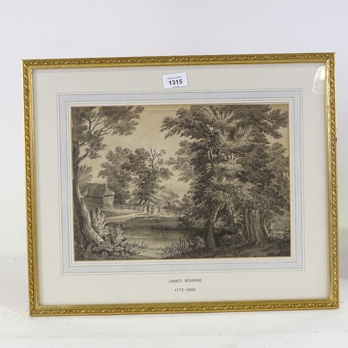 1315 - Attributed to James Borne, monochrome watercolour over pencil, out building by a river, unsigned, 9.... 