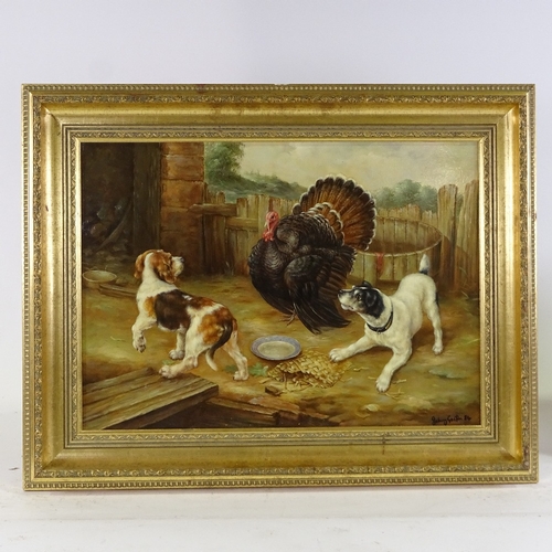 1318 - Johnny Gaston (born 1955), oil on board, puppies and rooster in the farmyard, signed and dated '84, ... 