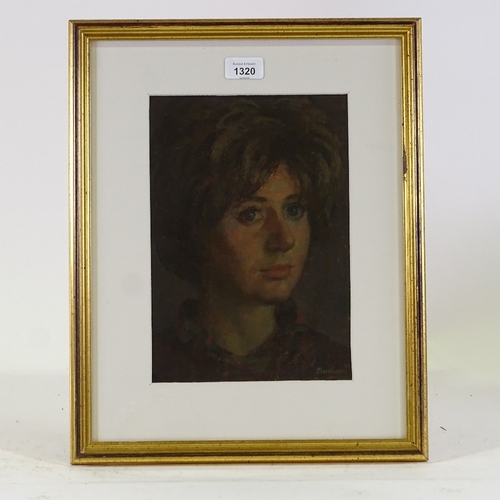 1320 - Ronald Benham, unstretched oil on canvas, portrait of Jill, signed with label verso, 11