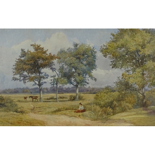 1323 - 19th century watercolour, woman resting in a landscape, unsigned, 13