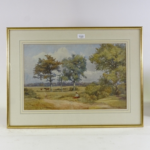 1323 - 19th century watercolour, woman resting in a landscape, unsigned, 13