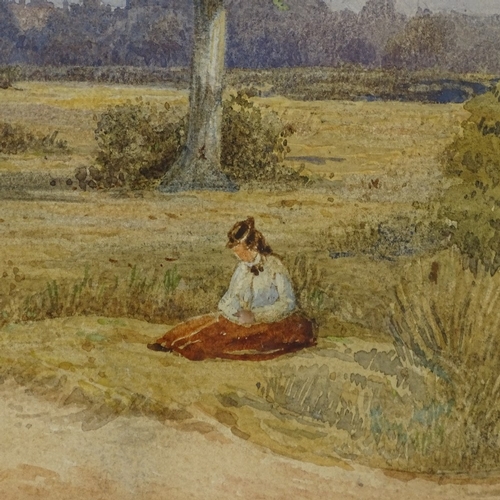 1323 - 19th century watercolour, woman resting in a landscape, unsigned, 13