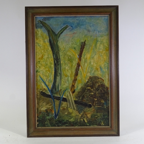 1328 - Australian School, oil on board, abstract bushlands, mid-20th century unsigned, 30