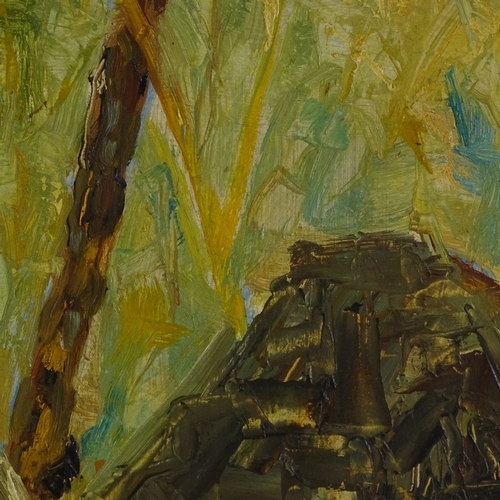 1328 - Australian School, oil on board, abstract bushlands, mid-20th century unsigned, 30