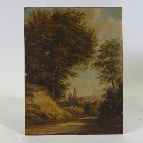 1330 - 19th century oil on board, a country lane, unsigned, 15